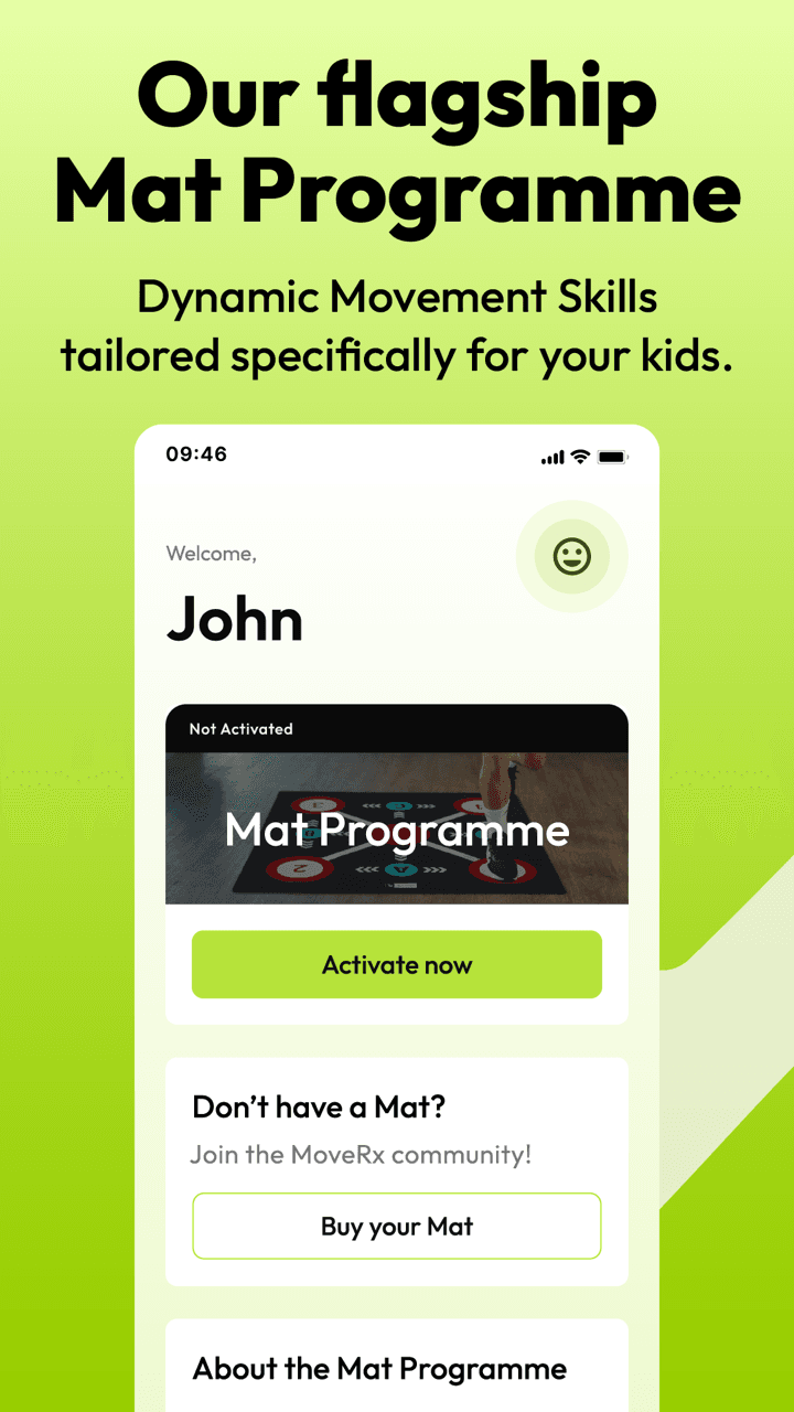 MoveRX home screen welcoming the user and prompting them to activate the Mat Programme