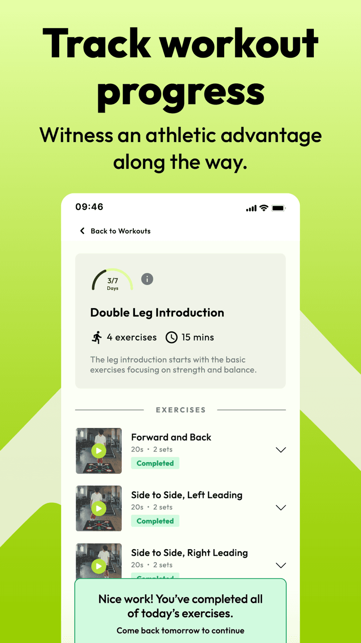 MoveRX workout detail tracking daily progress across a list of completed exercises
