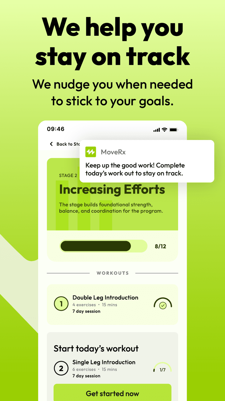 MoveRX stage overview with a push notification nudging the user to complete today's workout