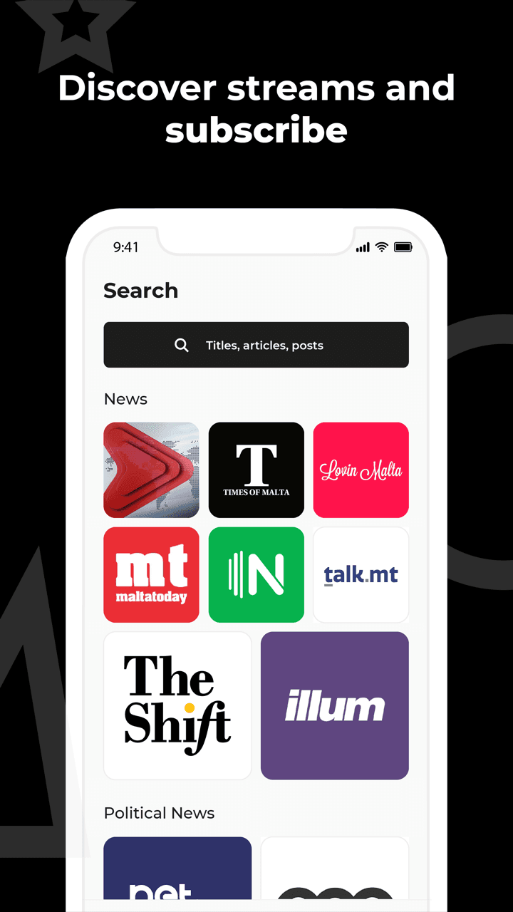 Subscribed discover screen for finding and adding new sources to follow