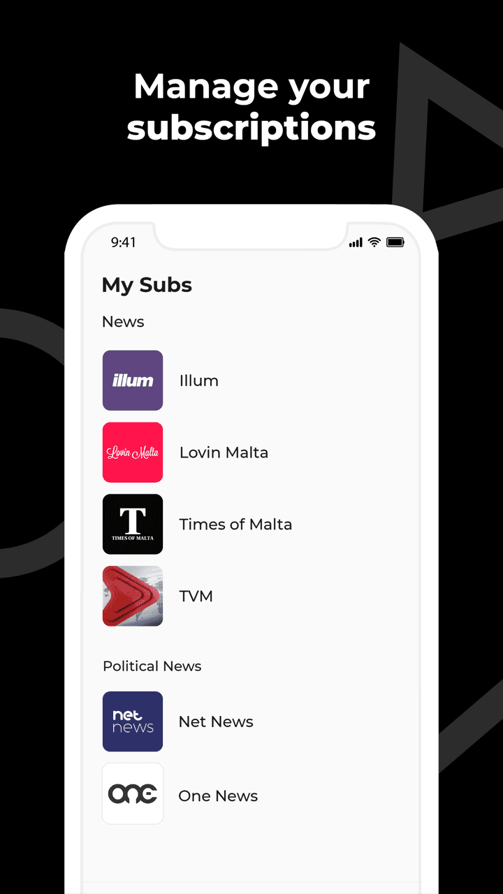Subscribed subscription management screen grouping followed sources by category